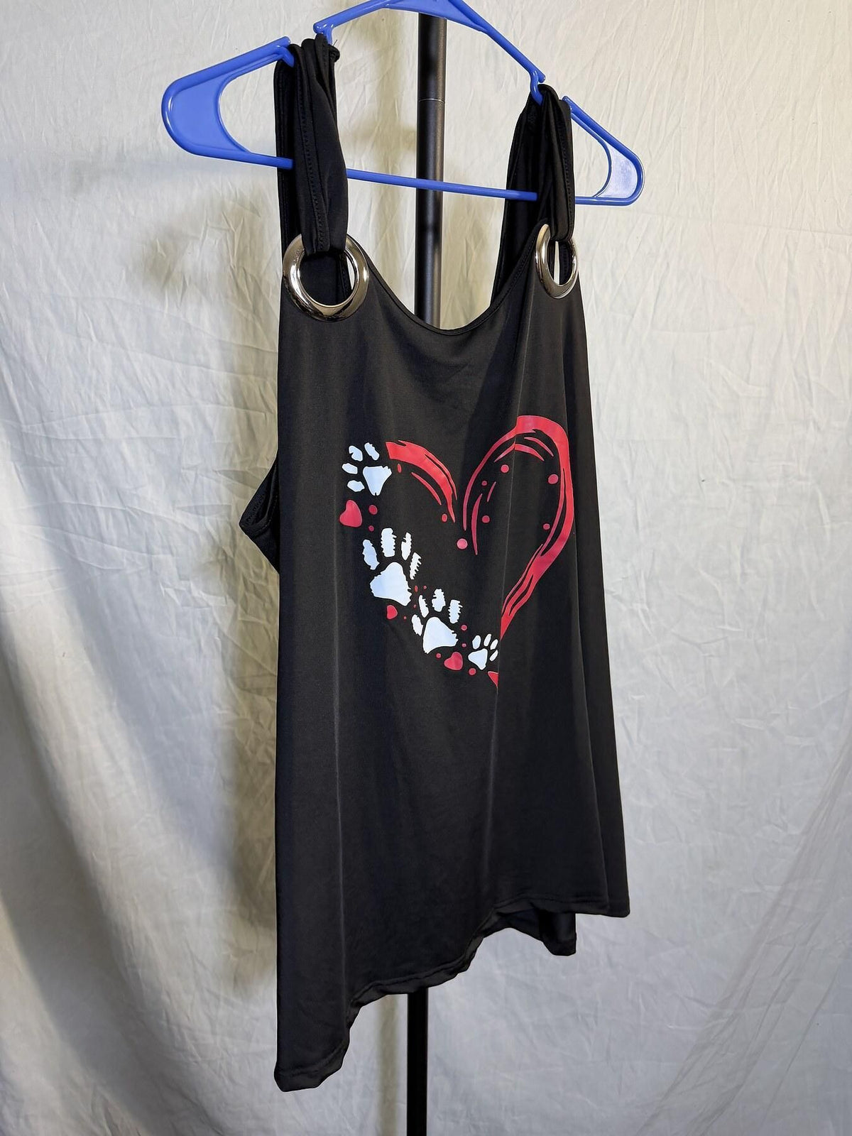 Women's Black Paw Print Heart O-Ring Strap Tank Top Tunic - Wormhole Thrift