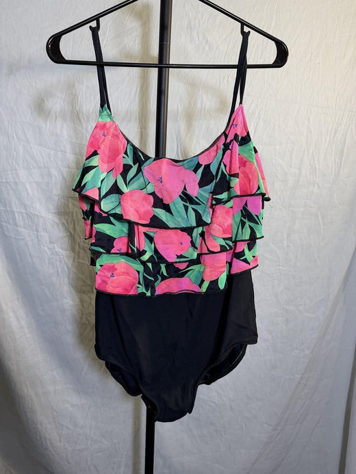 Vintage Coco Beach Ruffled Floral One Piece Swimsuit Plus Size 17W/18W - Wormhole Thrift