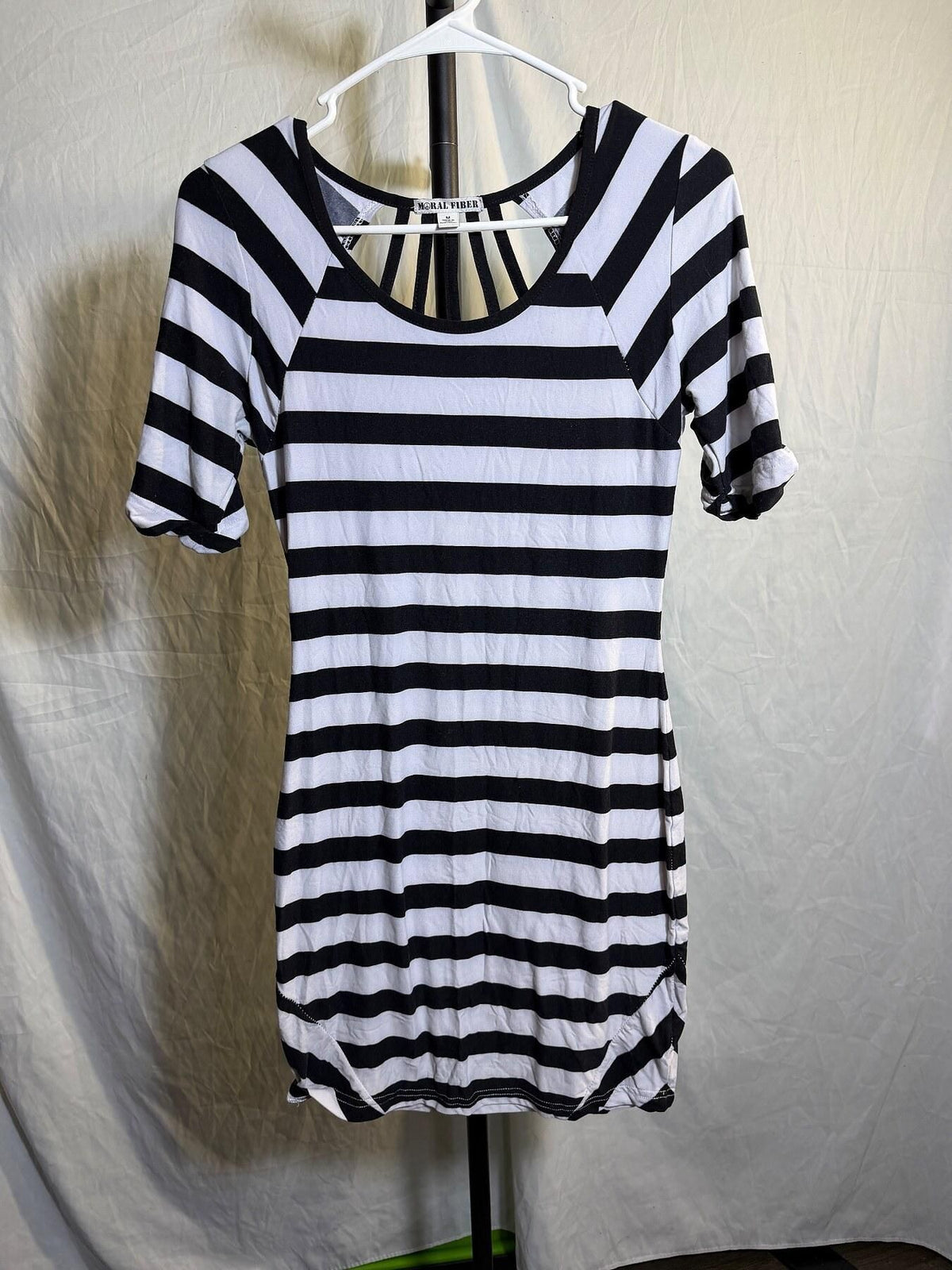 Moral Fiber Black White Striped Short Sleeve Ladder Back Bodycon Dress M - Wormhole Thrift