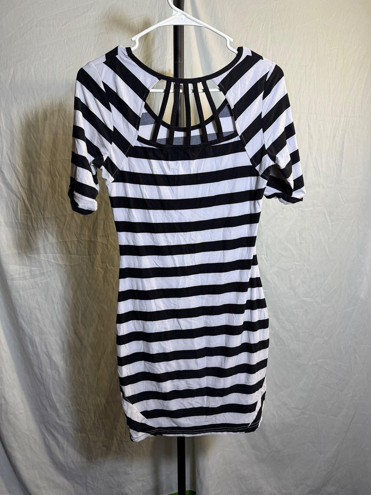 Moral Fiber Black White Striped Short Sleeve Ladder Back Bodycon Dress M - Wormhole Thrift