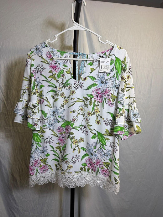KUT from the Kloth Floral Ruffle Sleeve Blouse Top White Size Small NWT - Wormhole Thrift