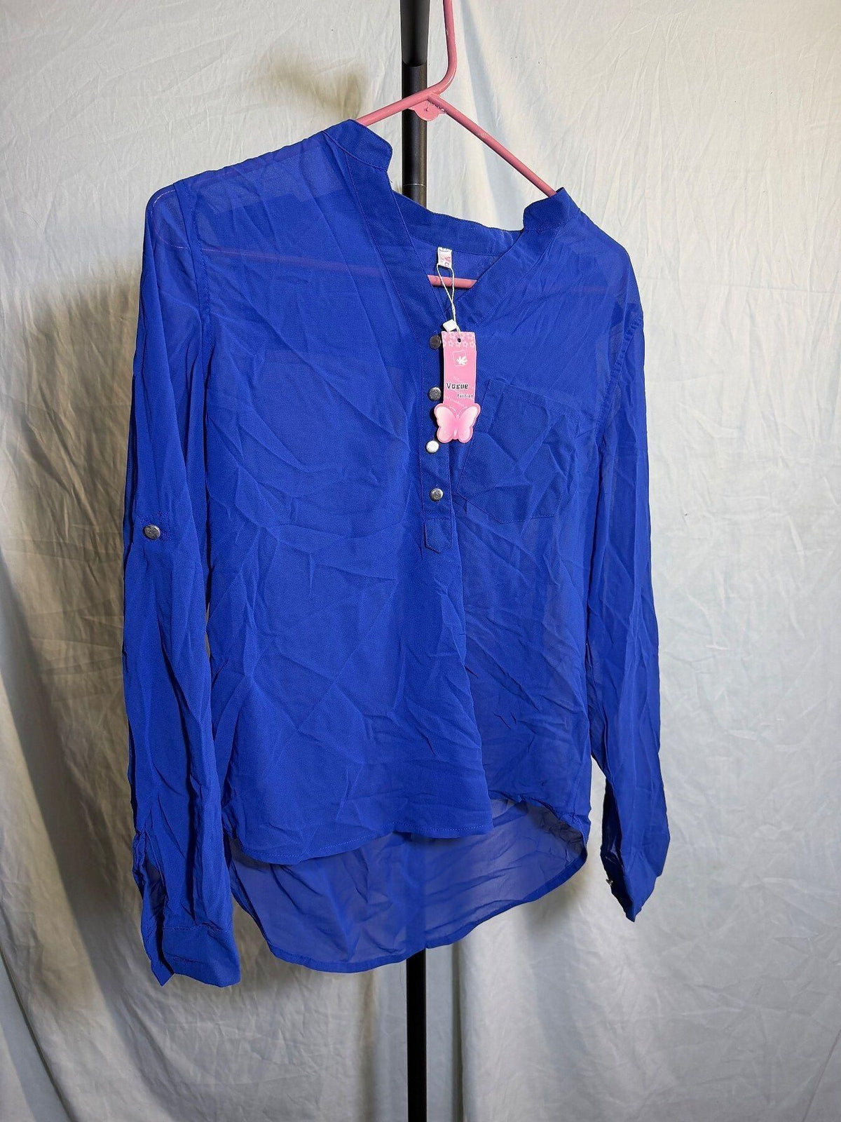 Vogue Fashion Royal Blue Sheer Mandarin Collar Blouse Top - Wormhole Thrift