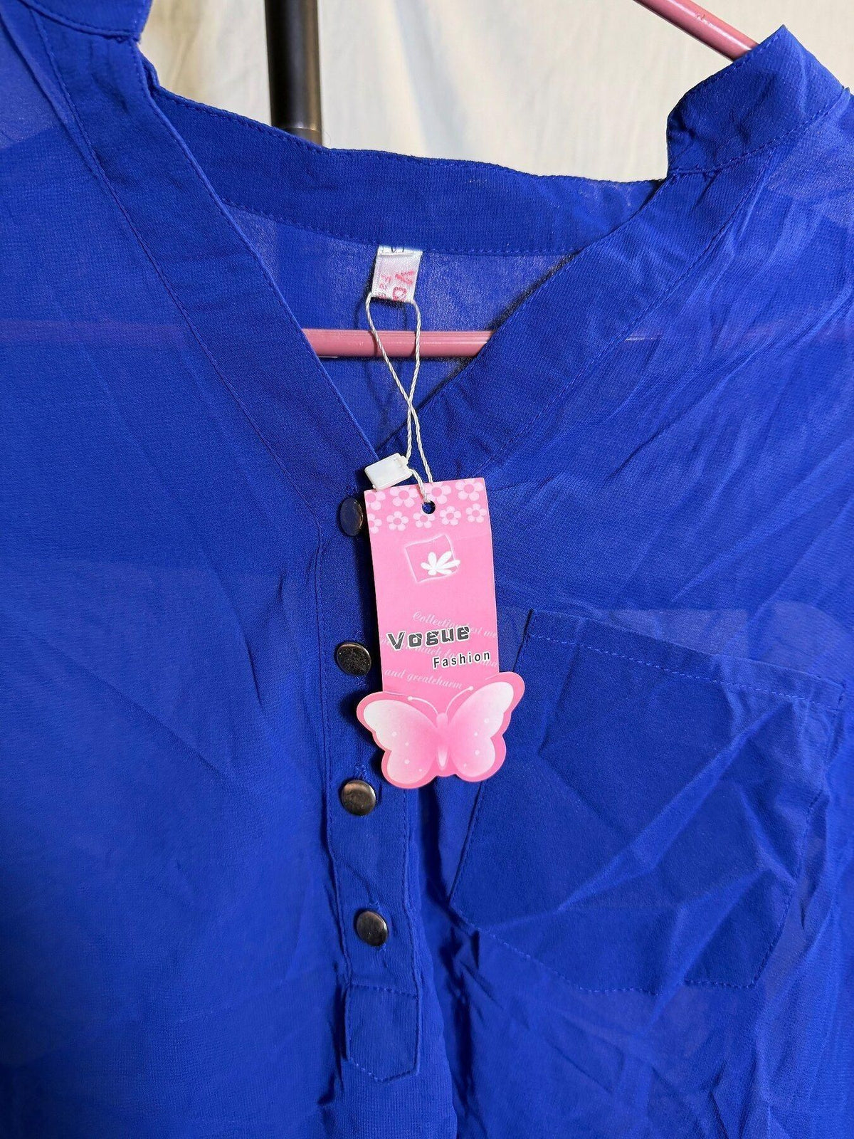 Vogue Fashion Royal Blue Sheer Mandarin Collar Blouse Top - Wormhole Thrift