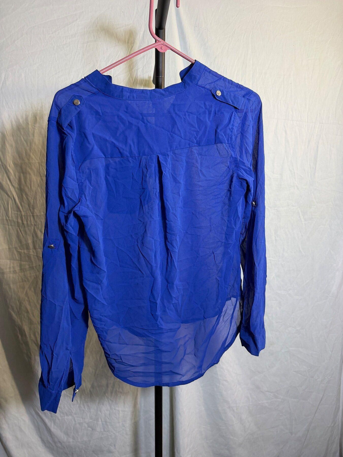 Vogue Fashion Royal Blue Sheer Mandarin Collar Blouse Top - Wormhole Thrift