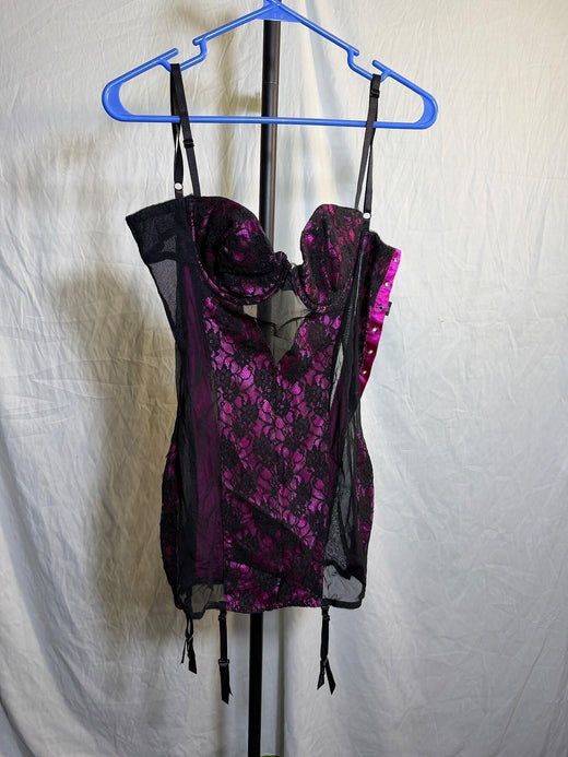 Vintage Frederick's of Hollywood Seduction Black Fuchsia Lace Corset L - Wormhole Thrift