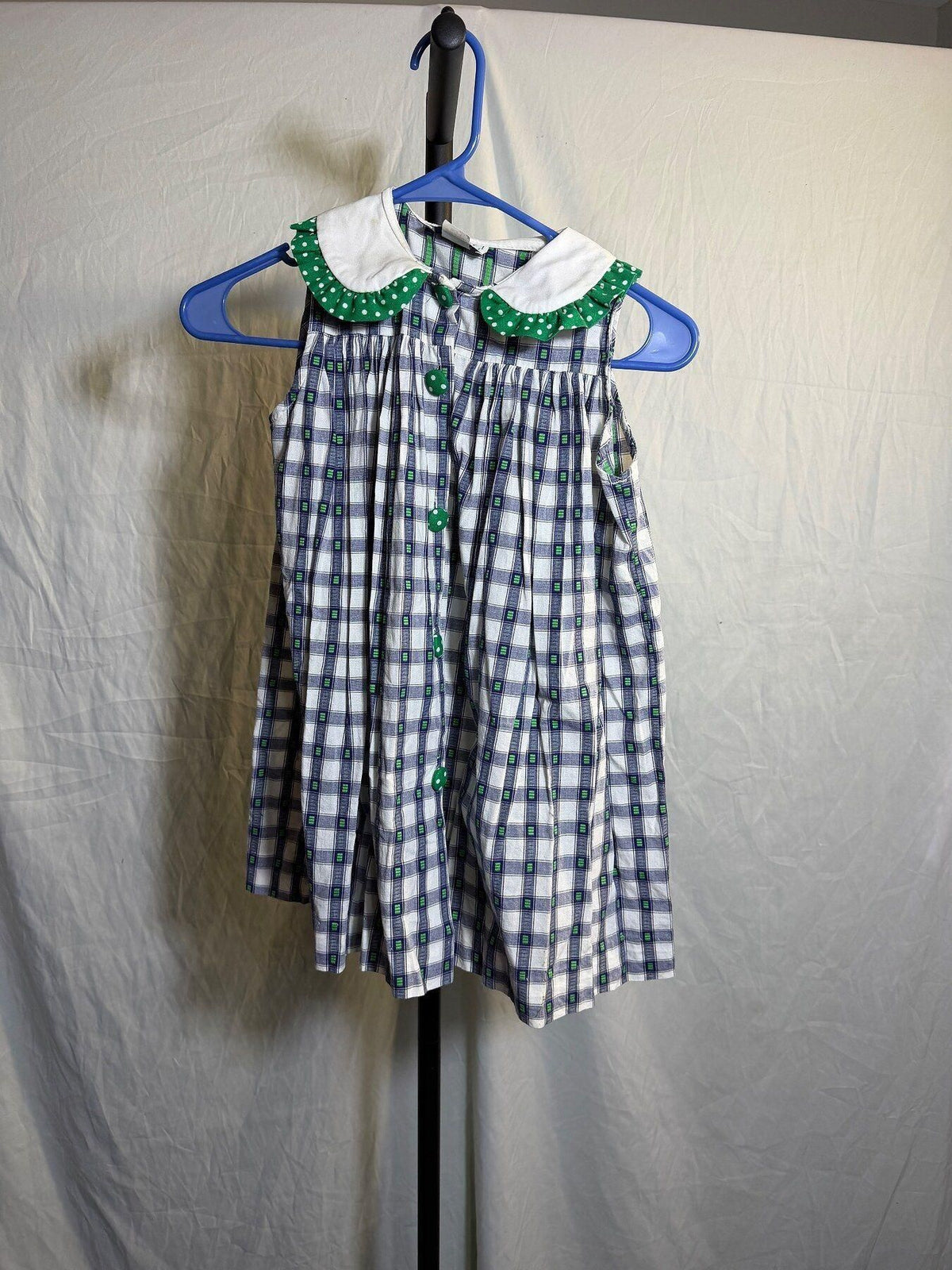 Vintage Legacy Girls Size 4 Plaid Dress Green Polka Dot Ruffle Collar - Wormhole Thrift
