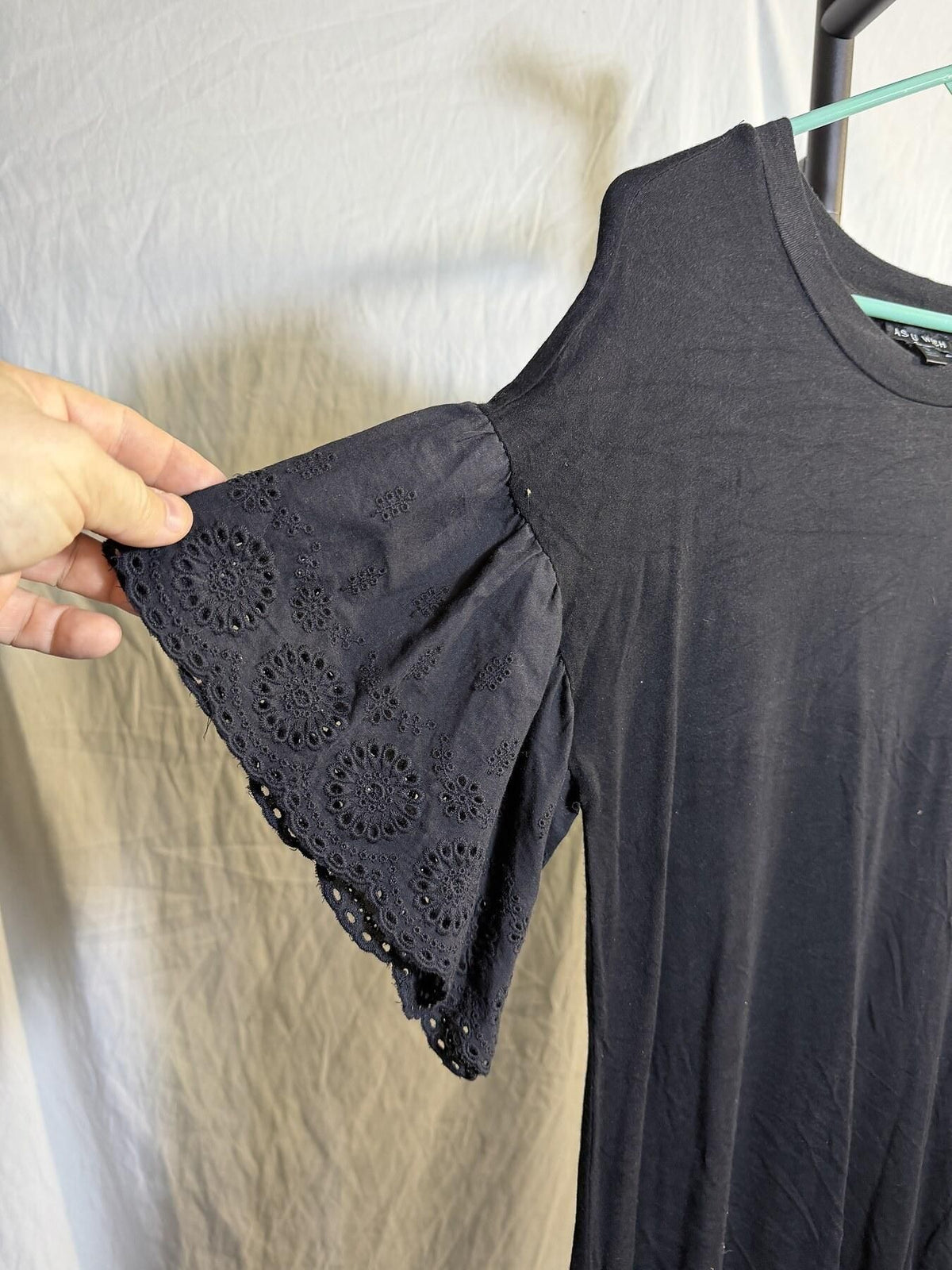 AS U WISH Black Ruffle Eyelet Lace Sleeve Top Blouse - Wormhole Thrift
