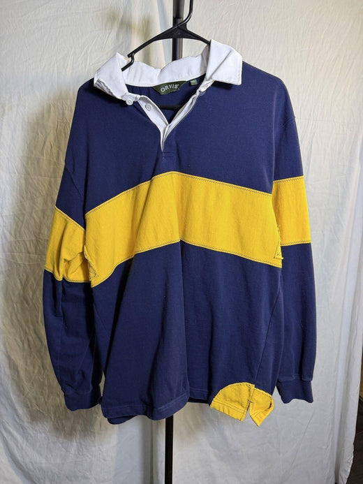 Vintage Orvis Men's Navy Blue & Yellow Striped Long Sleeve Rugby Shirt - Wormhole Thrift