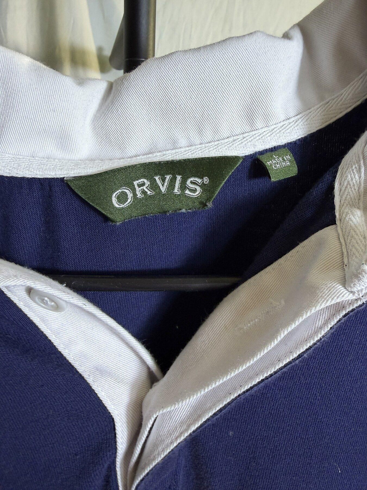Vintage Orvis Men's Navy Blue & Yellow Striped Long Sleeve Rugby Shirt - Wormhole Thrift