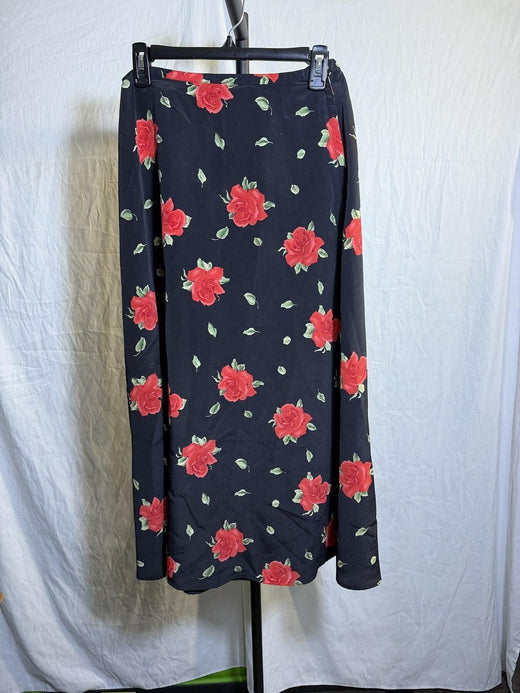 Vintage Lloyd New York Black Red Rose Floral Maxi Skirt Size 8 - Wormhole Thrift