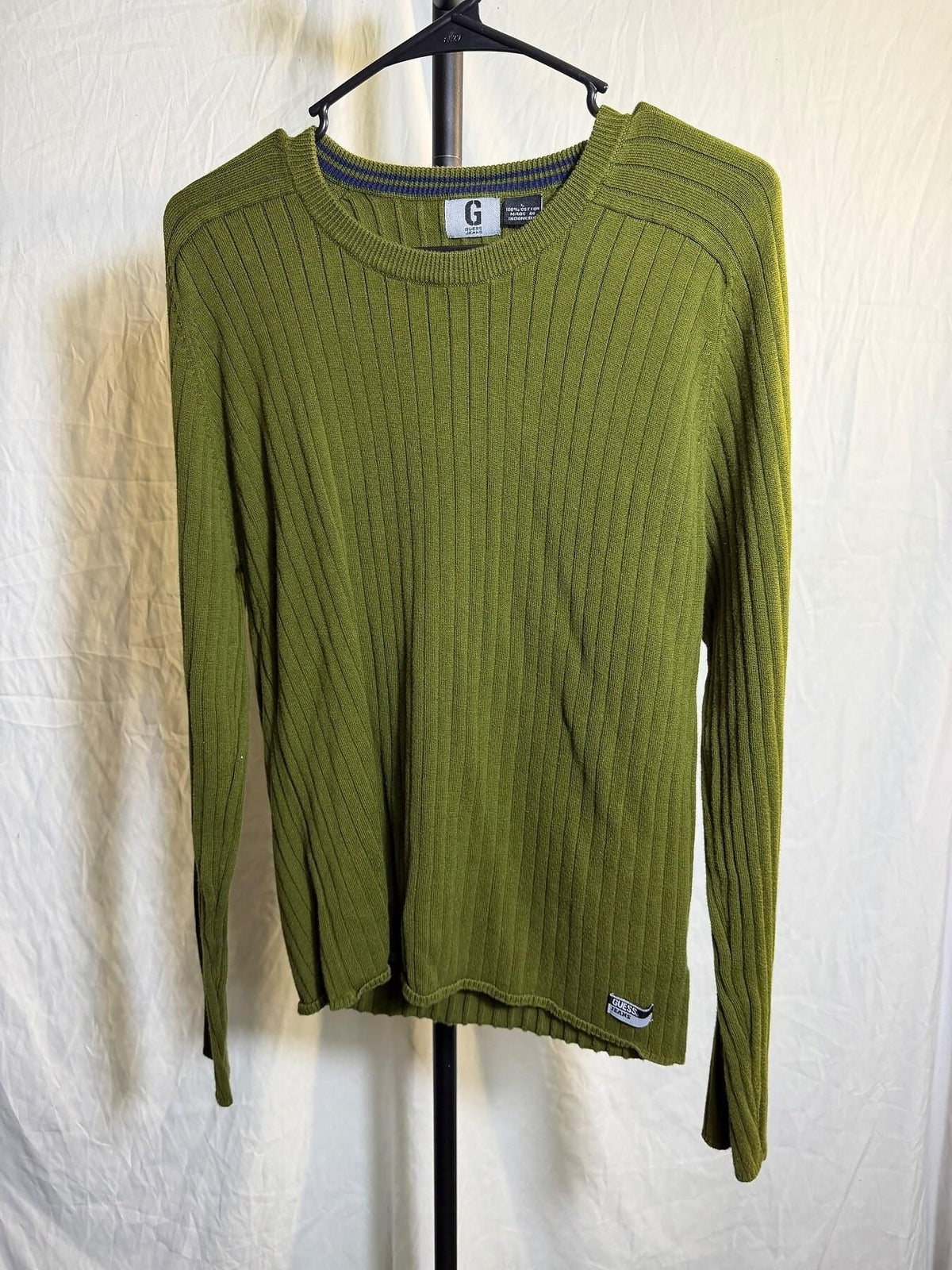 Guess Jeans Men's Large Olive Green Ribbed Cotton Knit Sweater Top - Wormhole Thrift