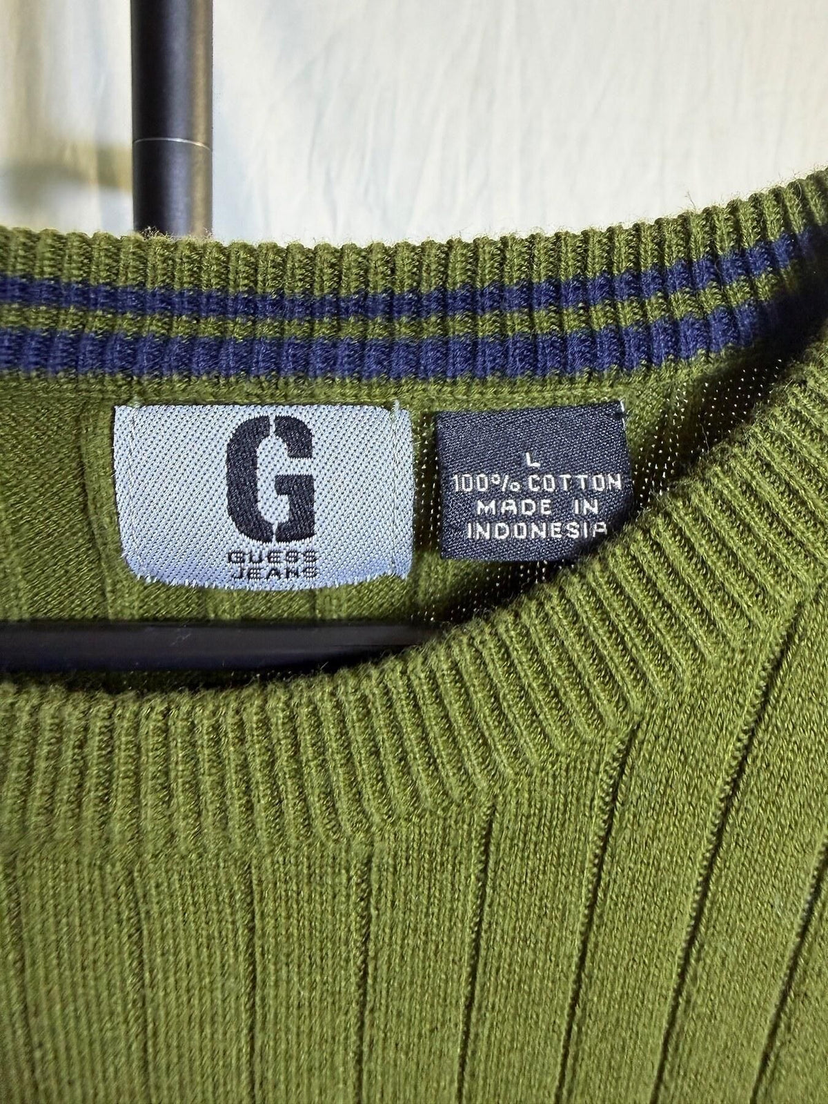 Guess Jeans Men's Large Olive Green Ribbed Cotton Knit Sweater Top - Wormhole Thrift