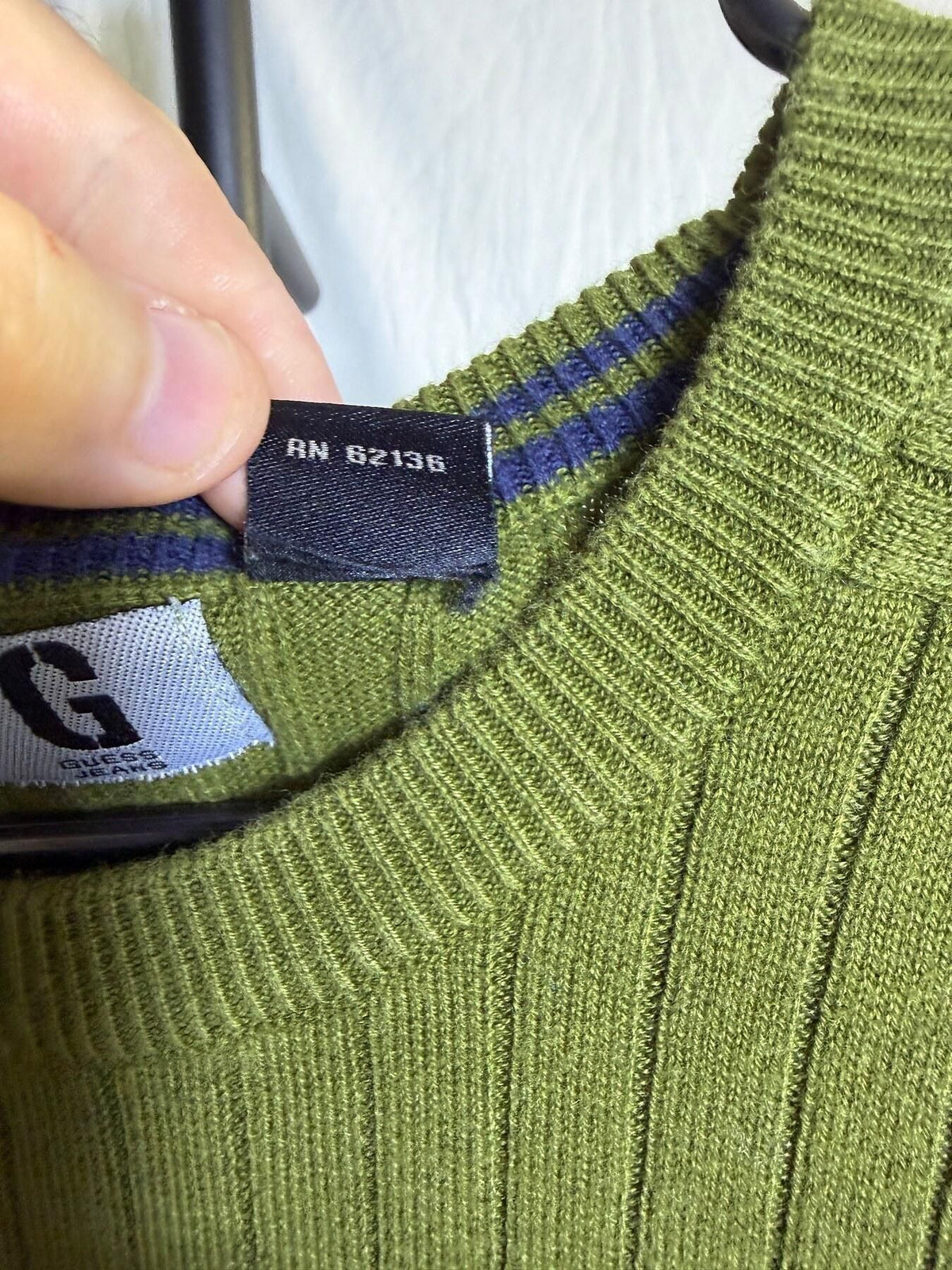Guess Jeans Men's Large Olive Green Ribbed Cotton Knit Sweater Top - Wormhole Thrift