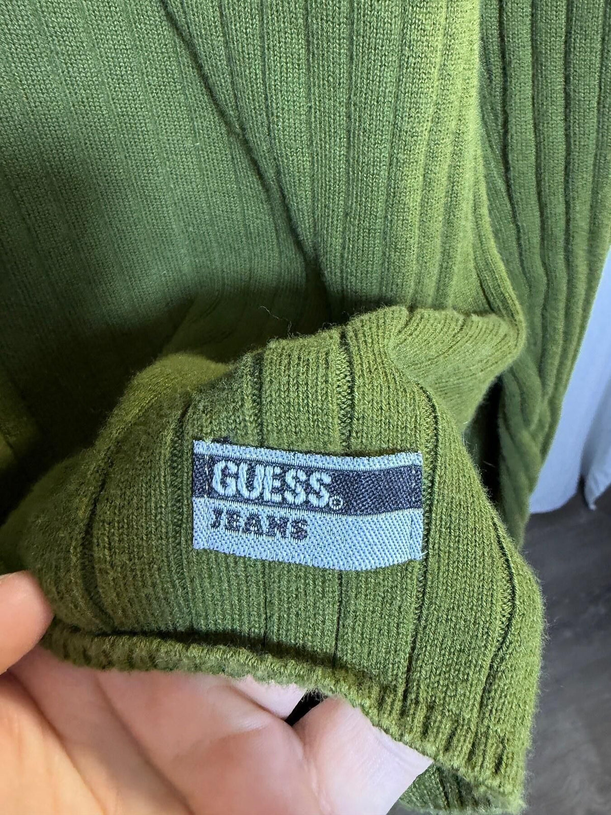Guess Jeans Men's Large Olive Green Ribbed Cotton Knit Sweater Top - Wormhole Thrift