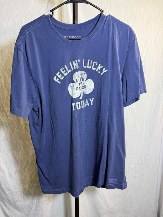 Life is Good Men's L Crusher Tee Feelin' Lucky Shamrock Blue T-Shirt - Wormhole Thrift