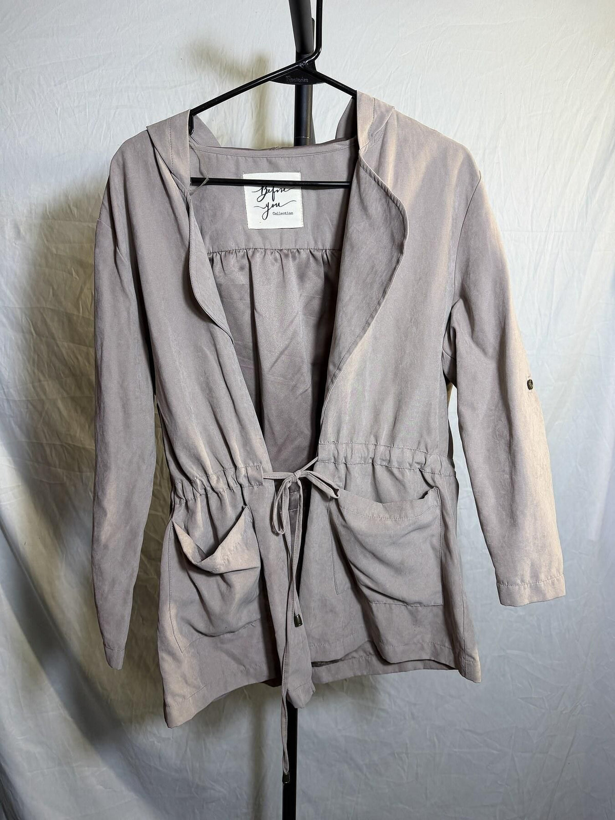 Before You Collection Women's Hooded Drawstring Utility Jacket Size S Taupe - Wormhole Thrift