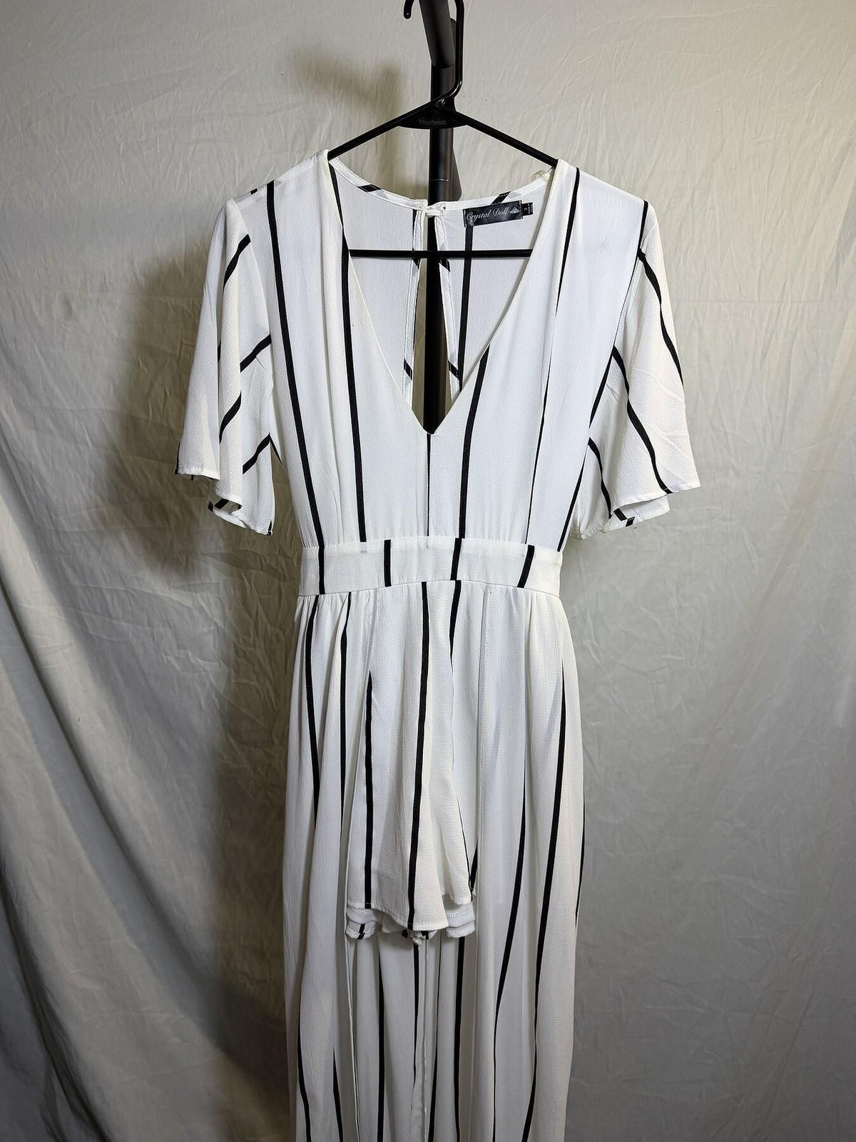 Crystal Doll Women's Ivory Black Striped Jumpsuit Romper Size 3 - Wormhole Thrift