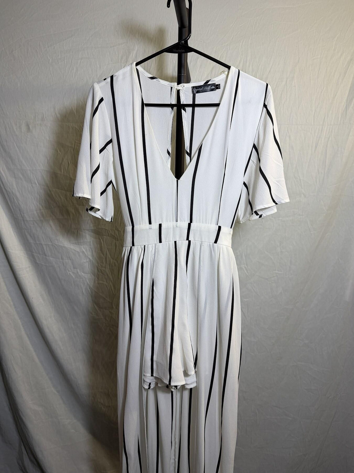 Crystal Doll Women's Ivory Black Striped Jumpsuit Romper Size 3 - Wormhole Thrift