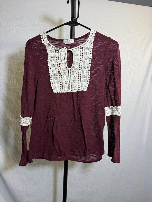 M Fasis Burgundy Crochet Lace Trim Long Sleeve Knit Top Blouse - Wormhole Thrift
