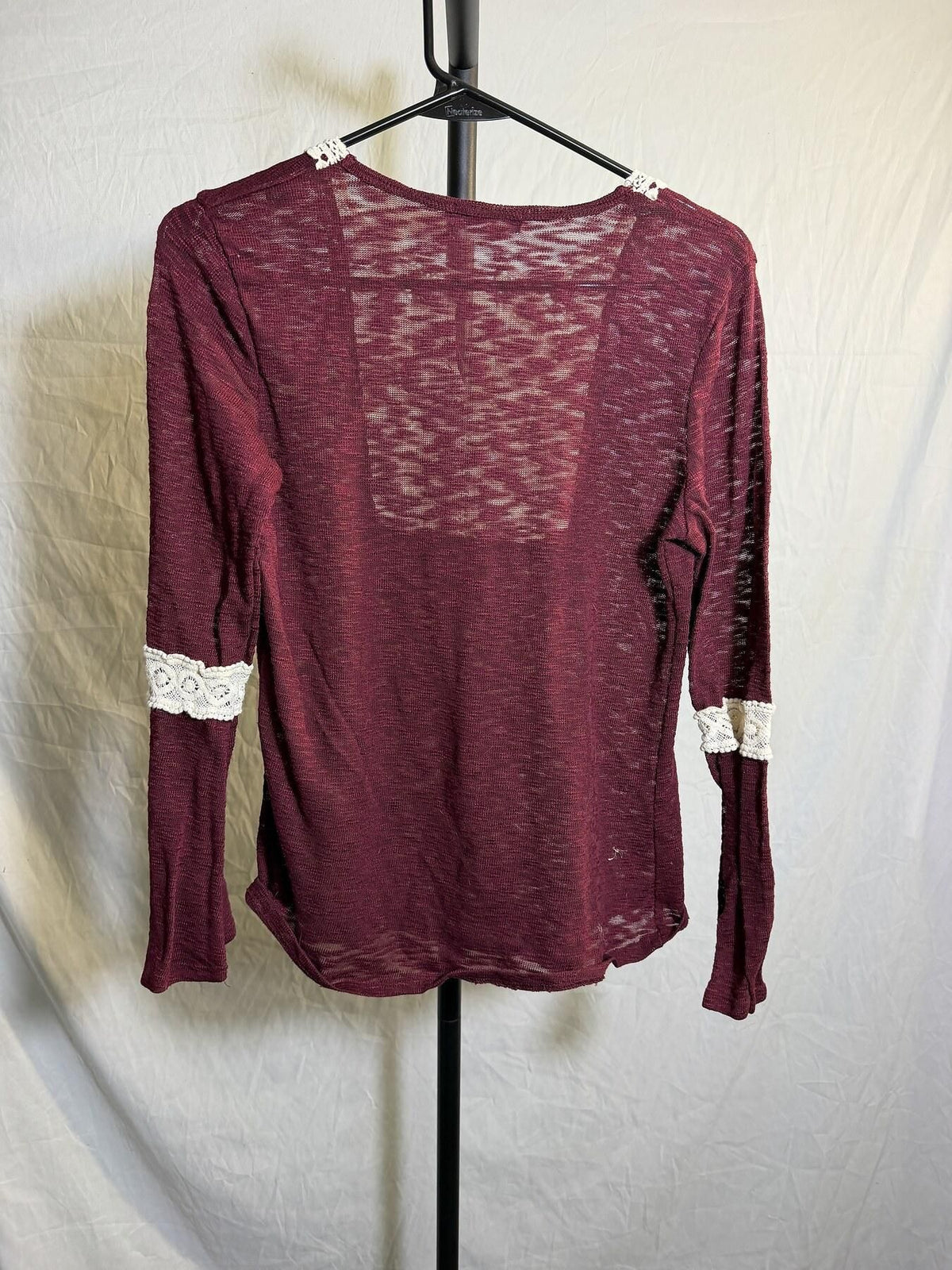 M Fasis Burgundy Crochet Lace Trim Long Sleeve Knit Top Blouse - Wormhole Thrift