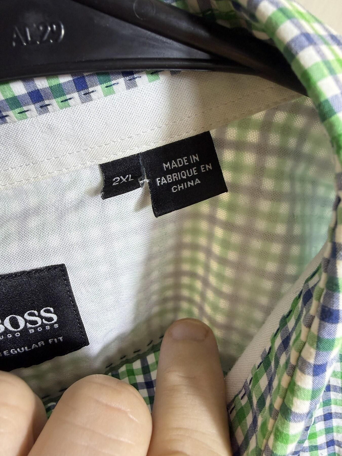 Hugo Boss Men's 2XL Green Blue Gingham Regular Fit Button Up Shirt - Wormhole Thrift