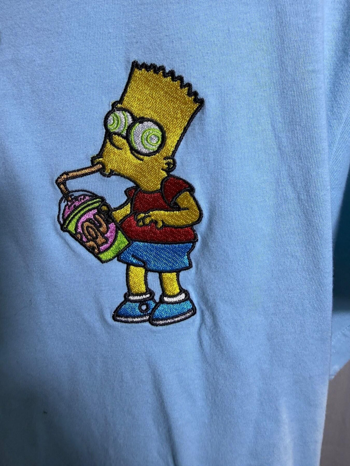 The Simpsons Bart Simpson Embroidered Graphic Tee Light Blue Men's XL - Wormhole Thrift