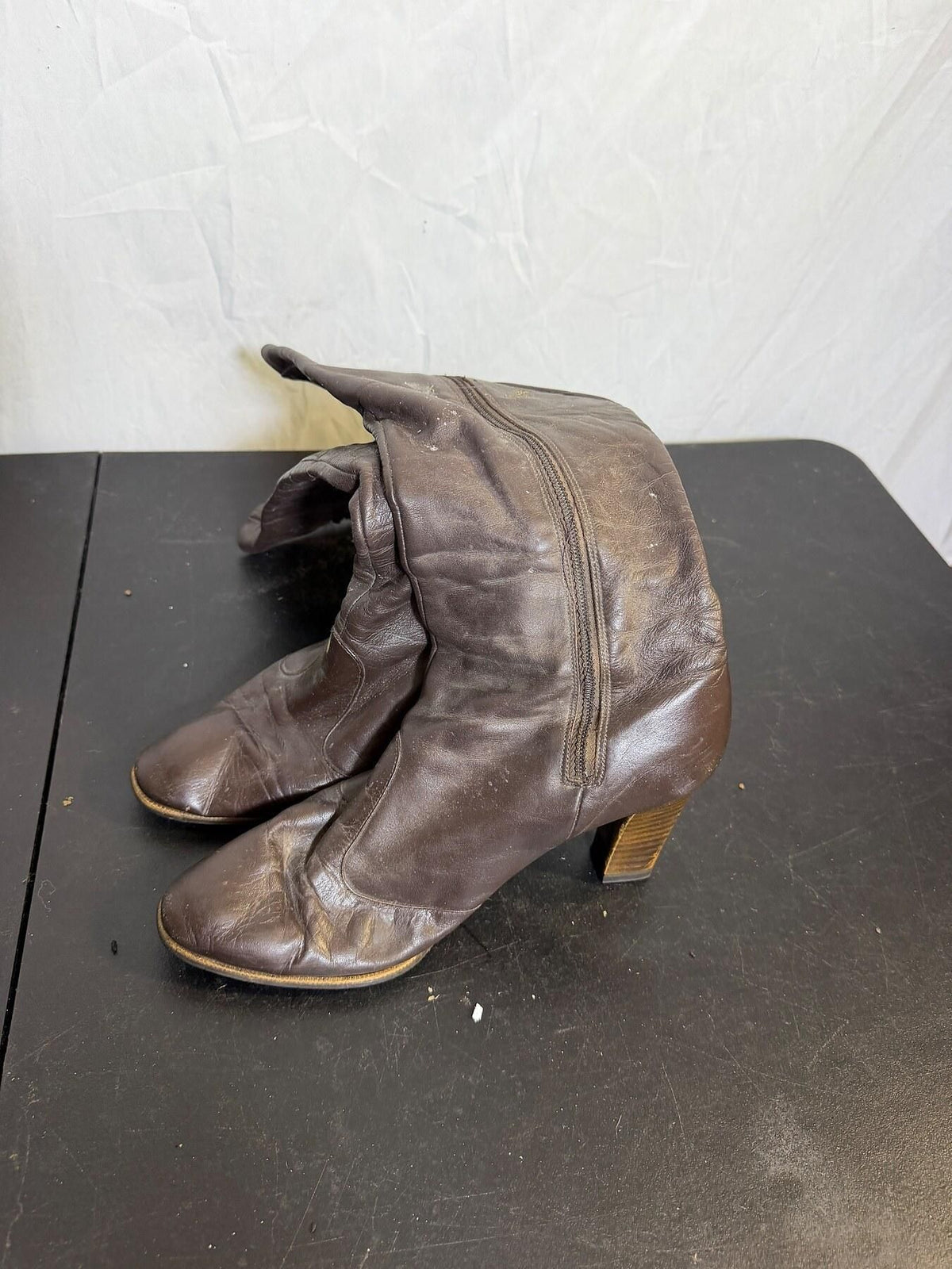 Vintage Joyce California Brown Leather Knee High Boots Block Heel - Wormhole Thrift