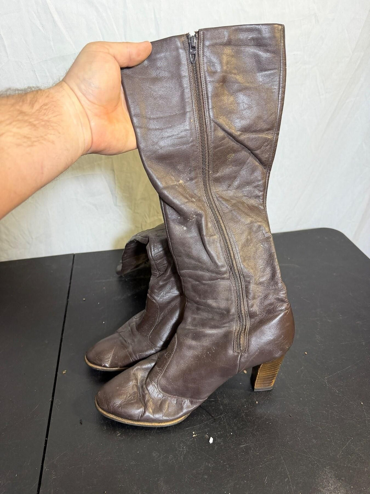 Vintage Joyce California Brown Leather Knee High Boots Block Heel - Wormhole Thrift