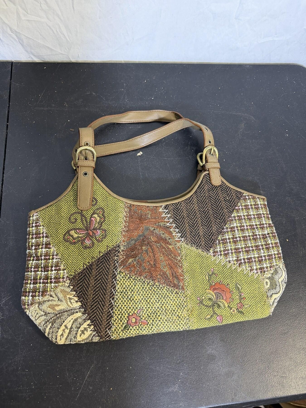 Vintage BUENO Patchwork Fabric & Faux Leather Shoulder Bag Purse - Wormhole Thrift