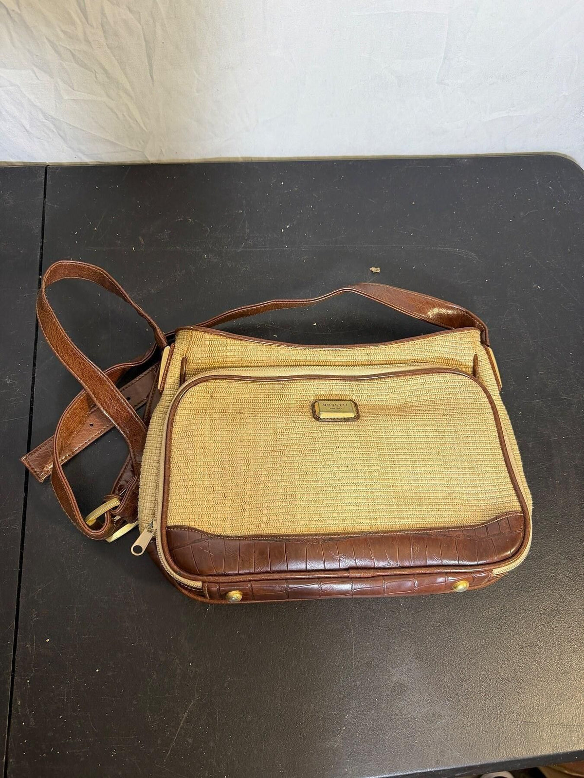 Rosetti New York Tan Woven Crossbody Bag Brown Croc Trim Organizer - Wormhole Thrift
