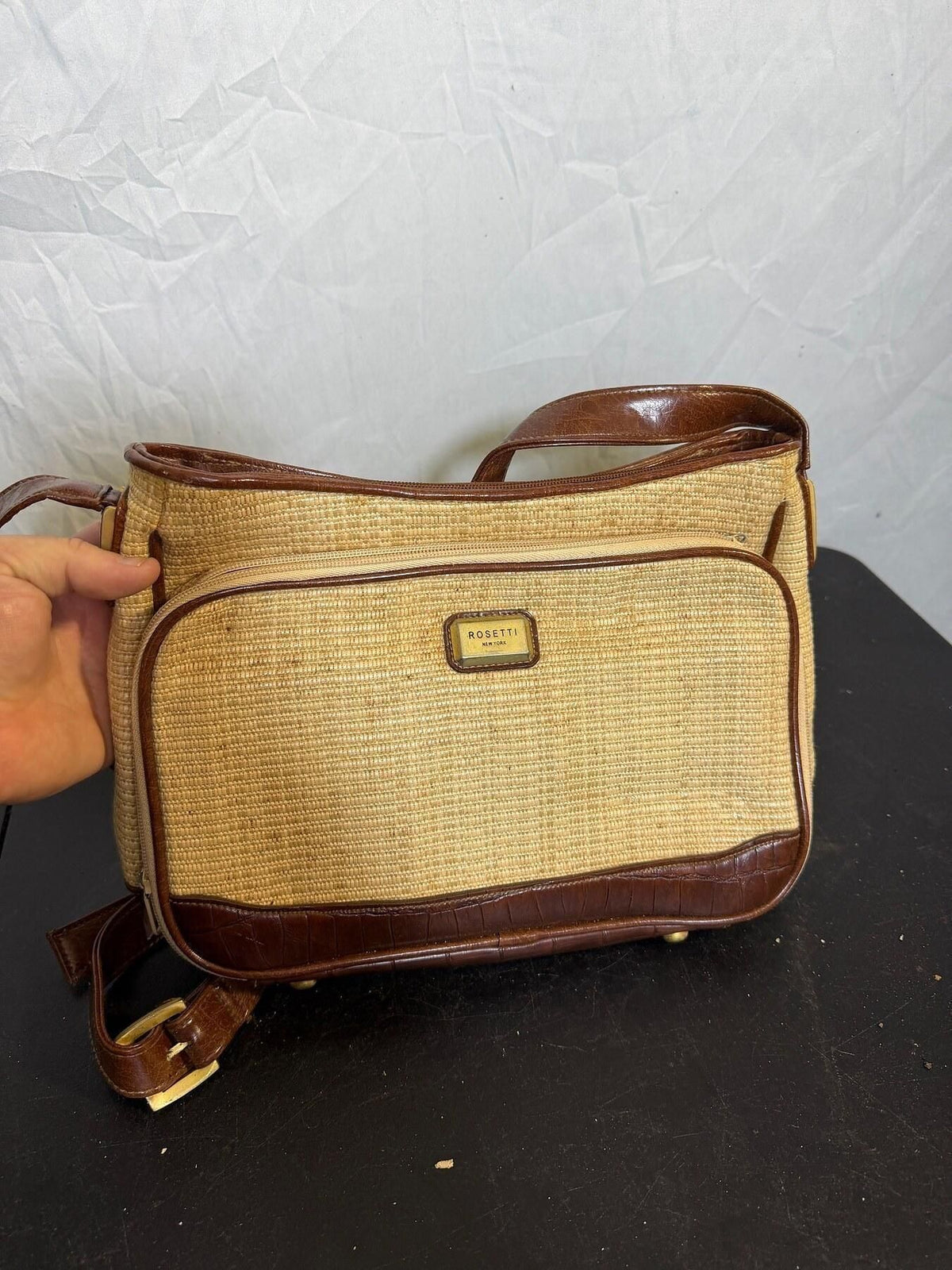 Rosetti New York Tan Woven Crossbody Bag Brown Croc Trim Organizer - Wormhole Thrift