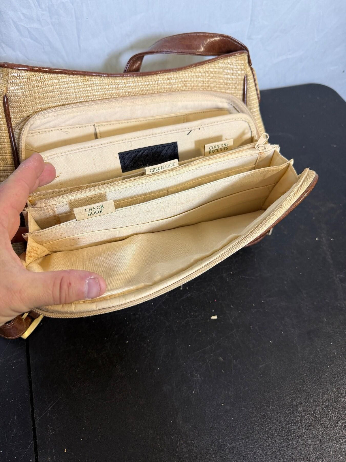 Rosetti New York Tan Woven Crossbody Bag Brown Croc Trim Organizer - Wormhole Thrift