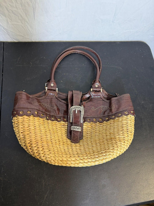 Vintage Straw & Faux Croc Hobo Shoulder Bag Palm Tree Lining - Wormhole Thrift