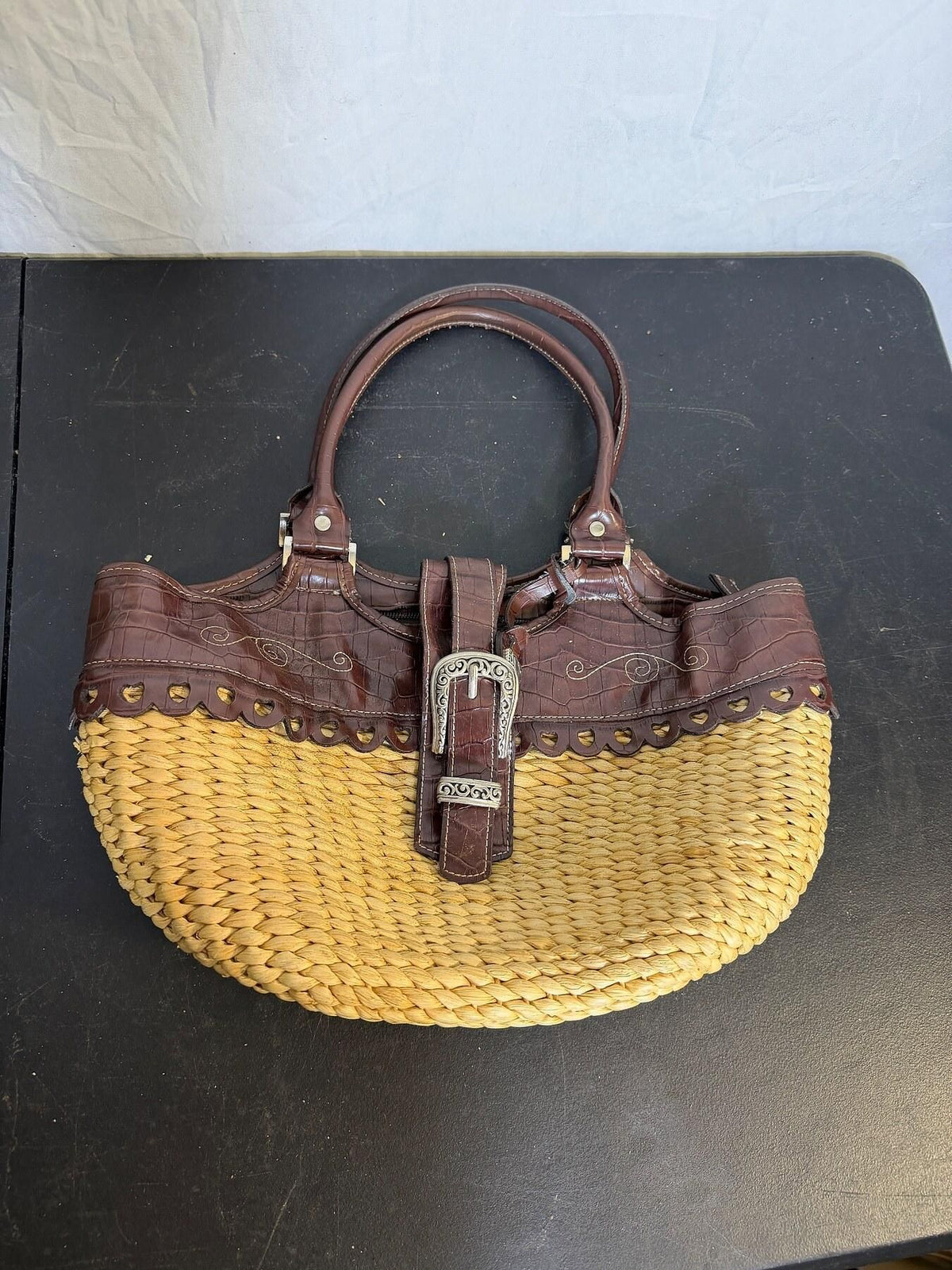 Vintage Straw & Faux Croc Hobo Shoulder Bag Palm Tree Lining - Wormhole Thrift
