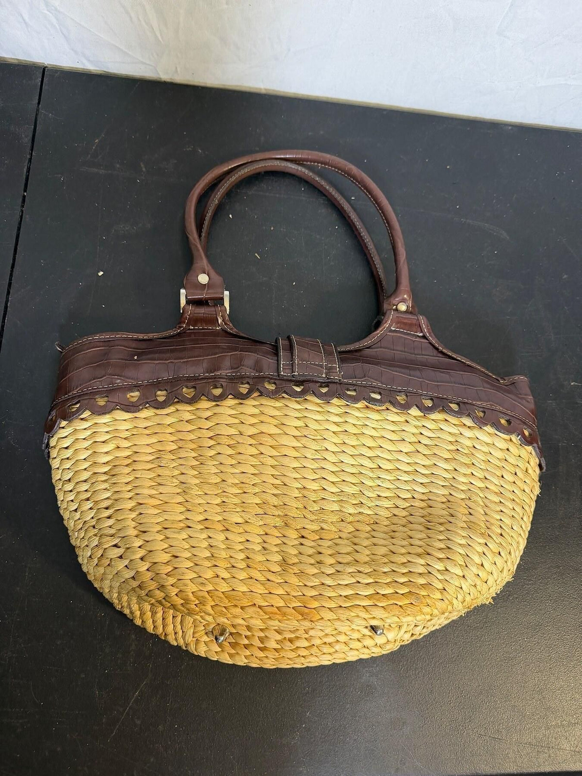Vintage Straw & Faux Croc Hobo Shoulder Bag Palm Tree Lining - Wormhole Thrift