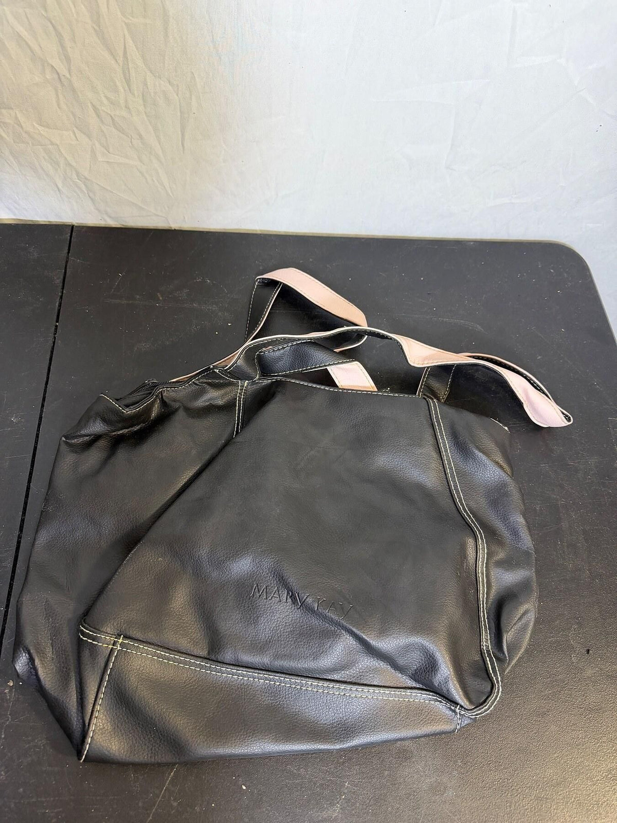 Mary Kay Black Faux Leather Tote Bag Pink Straps - Wormhole Thrift
