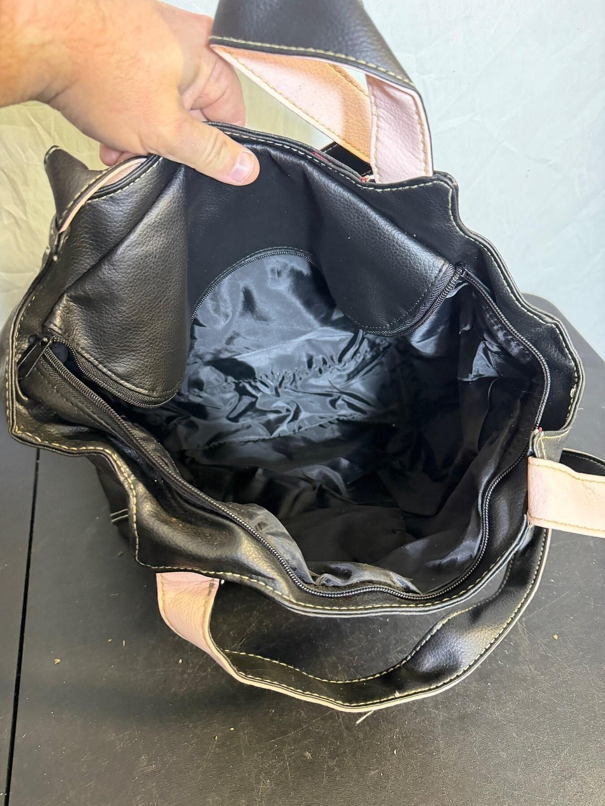 Mary Kay Black Faux Leather Tote Bag Pink Straps - Wormhole Thrift