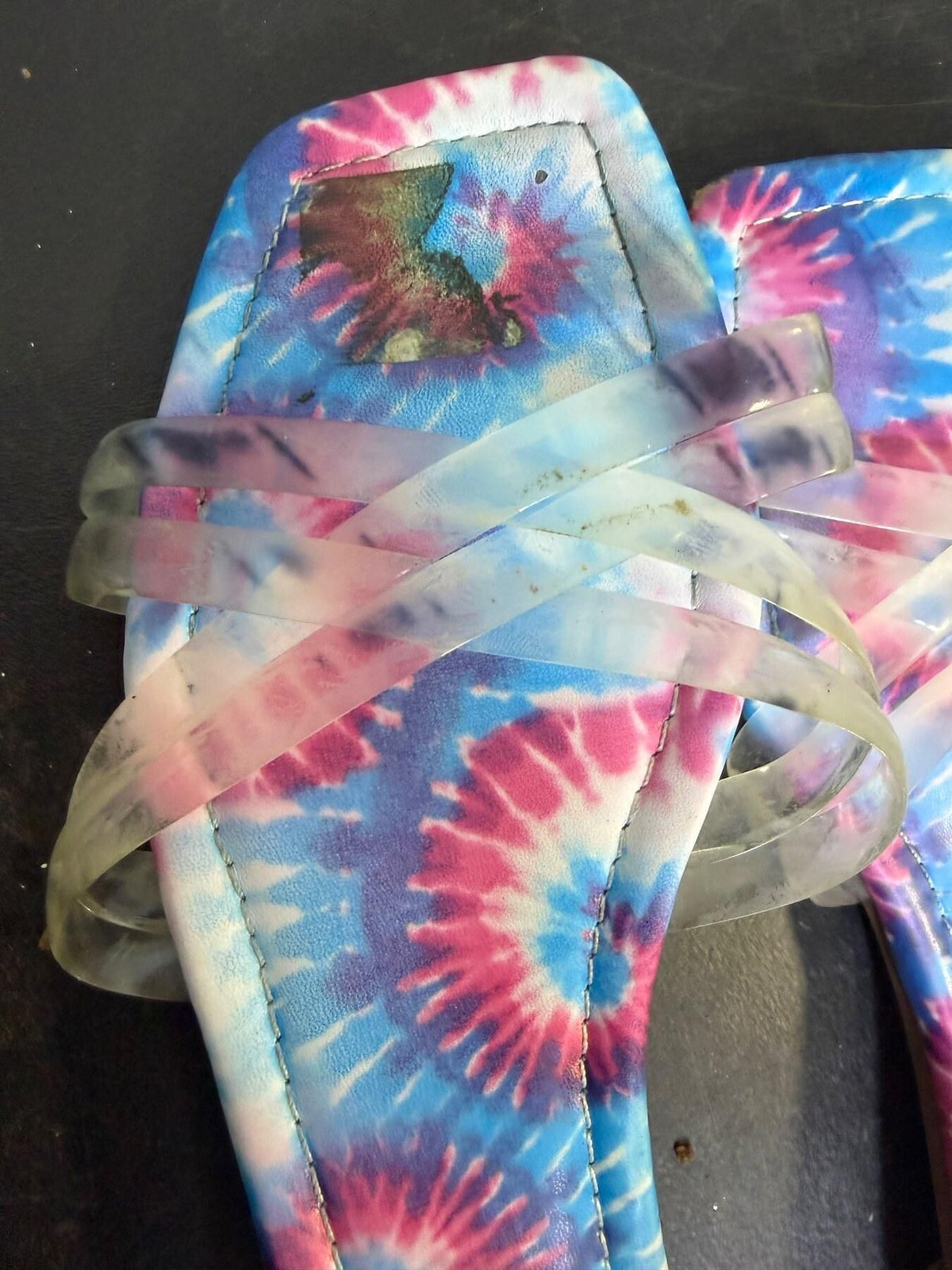 Vintage Chinese Laundry Tie-Dye Clear Strap Flat Sandals Women's Size 6 - Wormhole Thrift
