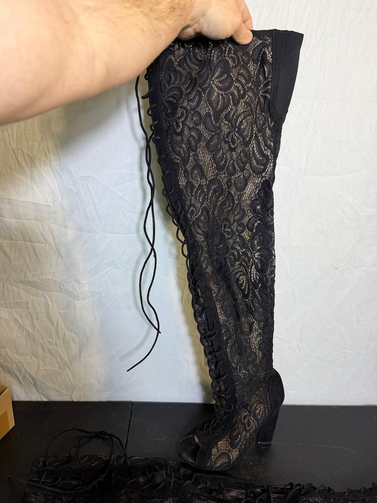Rouge Black Lace Over-the-Knee Peep Toe Block Heel Boots Women's 7.5 - Wormhole Thrift