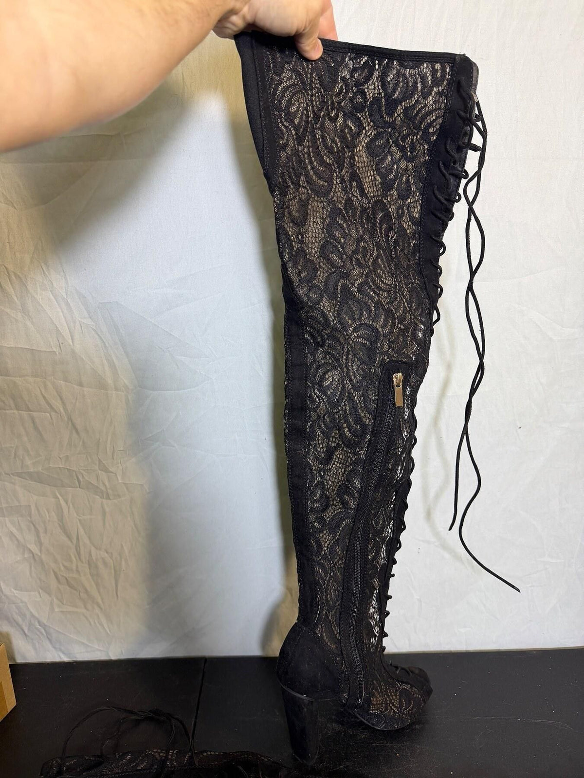 Rouge Black Lace Over-the-Knee Peep Toe Block Heel Boots Women's 7.5 - Wormhole Thrift