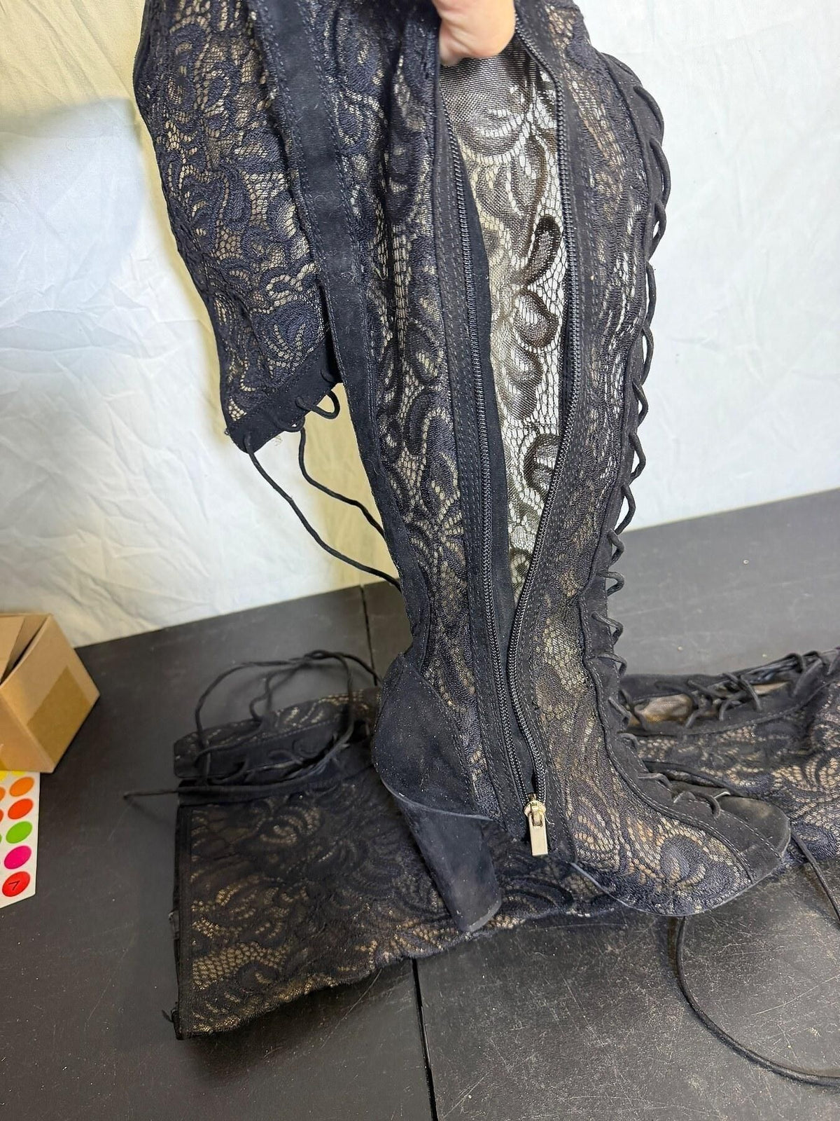 Rouge Black Lace Over-the-Knee Peep Toe Block Heel Boots Women's 7.5 - Wormhole Thrift