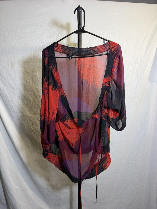 Mossimo Sheer Abstract Red Black Purple Blouse Top Size M - Wormhole Thrift