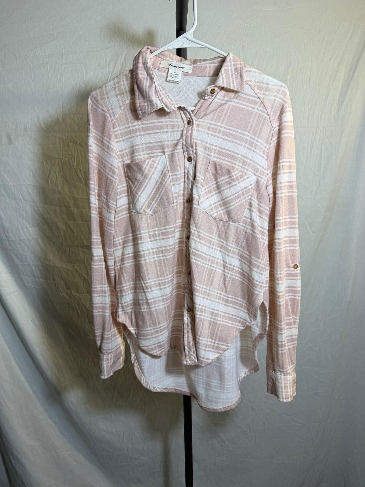 Passport Women's Pink & White Plaid Button Up Shirt Size M - Wormhole Thrift