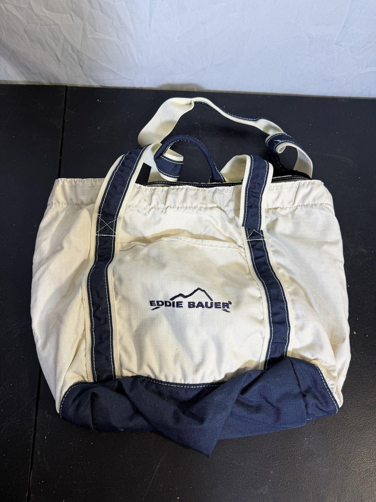 Eddie Bauer Packable Tote Bag Cream Navy Travel Carryall - Wormhole Thrift
