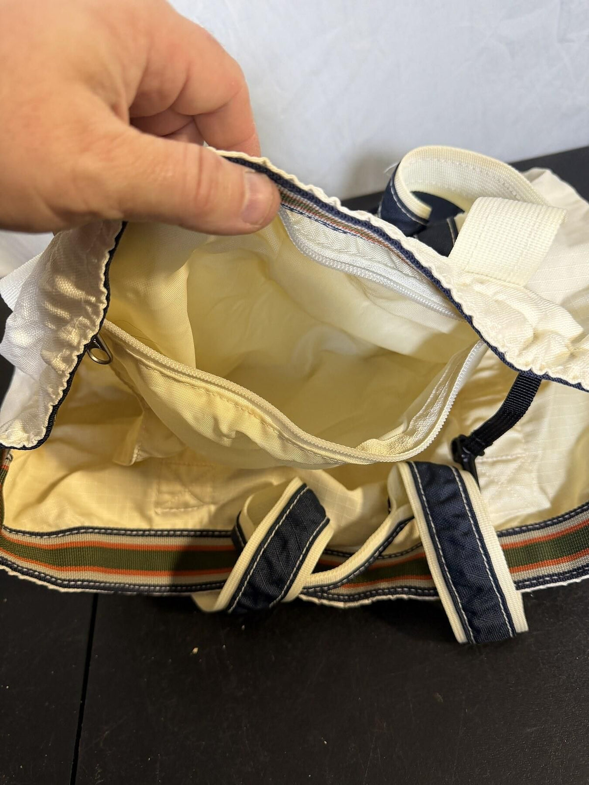 Eddie Bauer Packable Tote Bag Cream Navy Travel Carryall - Wormhole Thrift