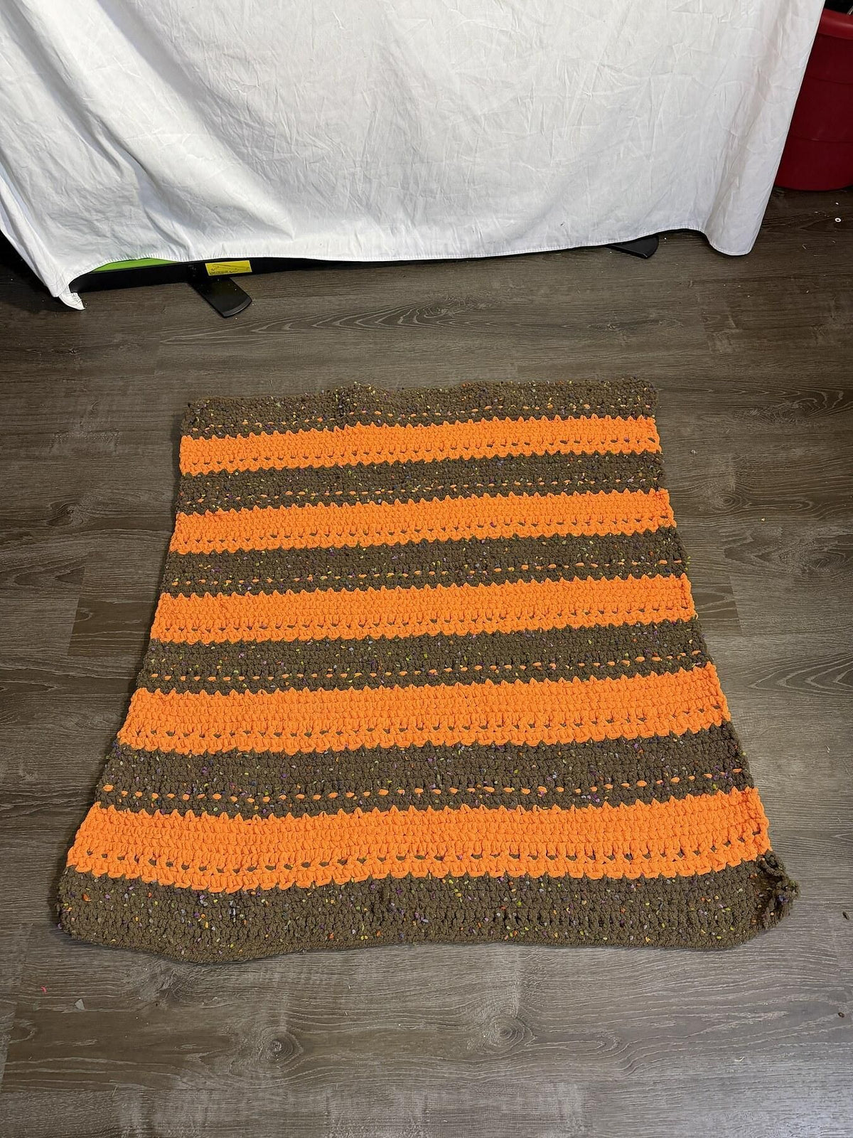 Vintage Handmade Crocheted Striped Afghan Throw Blanket - Orange & Brown - Wormhole Thrift