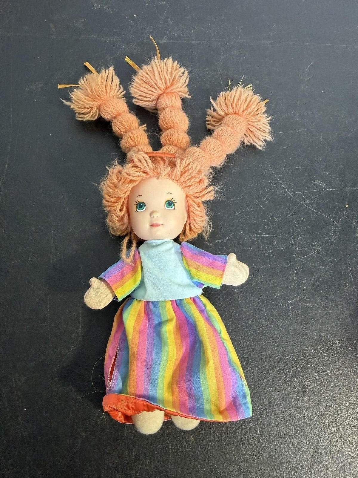 Vintage 1987 Yarn Hair Doll Rainbow Dress Baseball Patch Inside 10-11" - Wormhole Thrift
