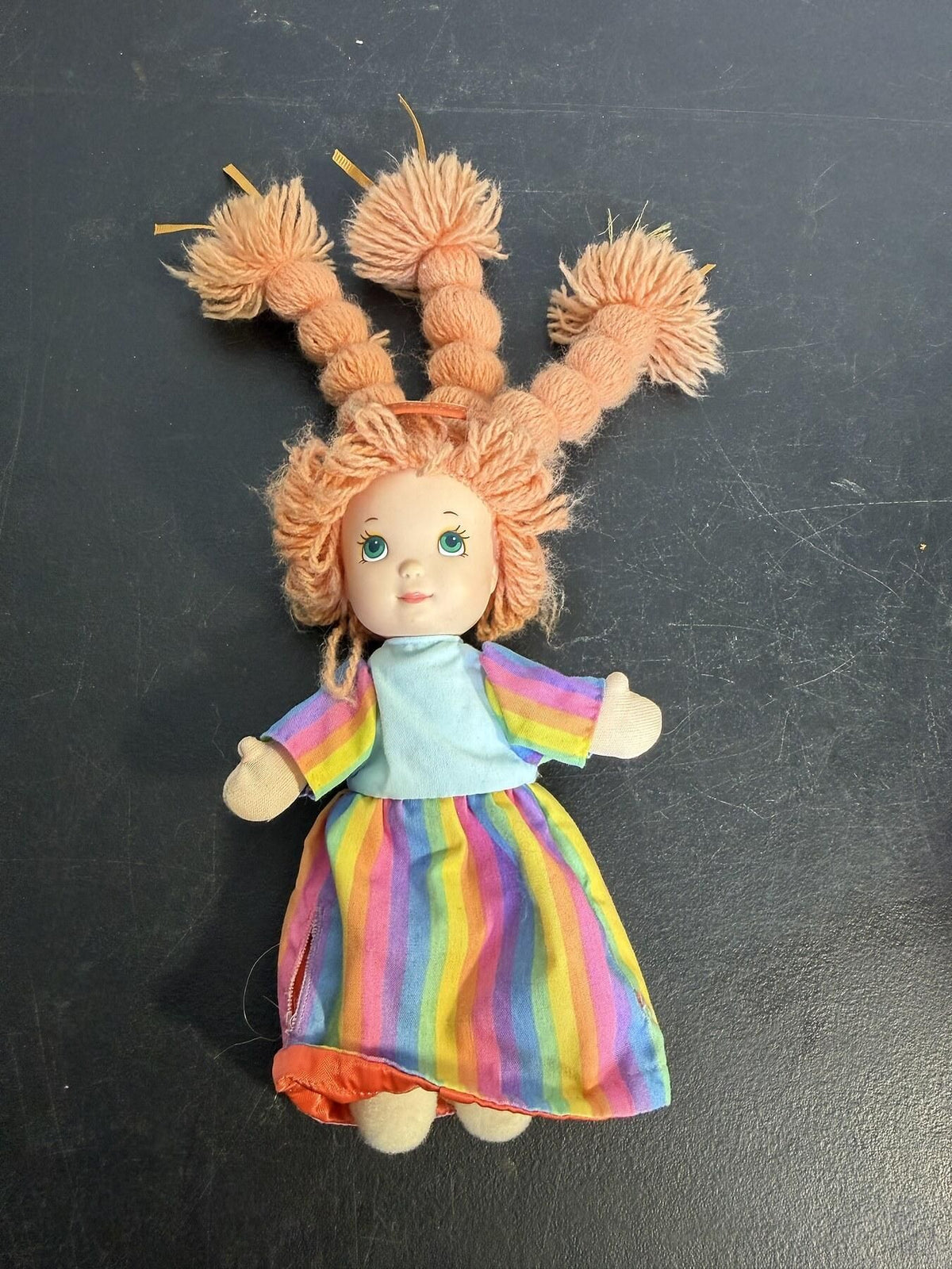 Vintage 1987 Yarn Hair Doll Rainbow Dress Baseball Patch Inside 10-11" - Wormhole Thrift