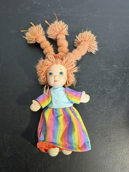 Vintage 1987 Yarn Hair Doll Rainbow Dress Baseball Patch Inside 10-11" - Wormhole Thrift