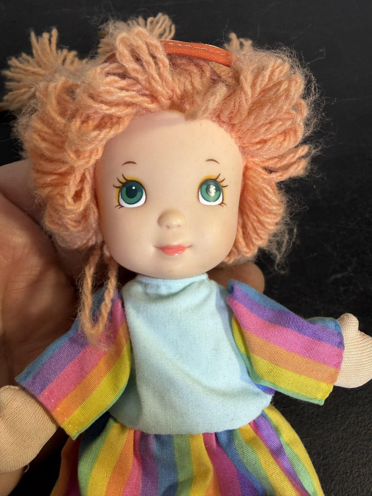 Vintage 1987 Yarn Hair Doll Rainbow Dress Baseball Patch Inside 10-11" - Wormhole Thrift